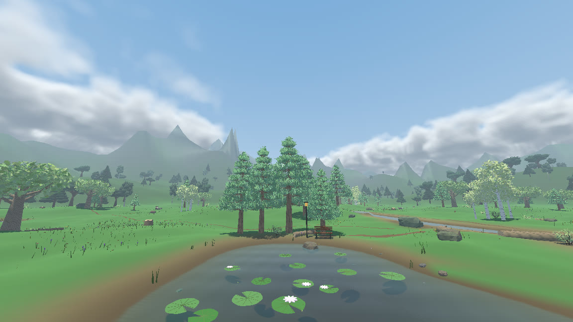 A pond in the woodland level of Mosquito Simulator, surrounded by pine, oak and birch trees with distant mountains